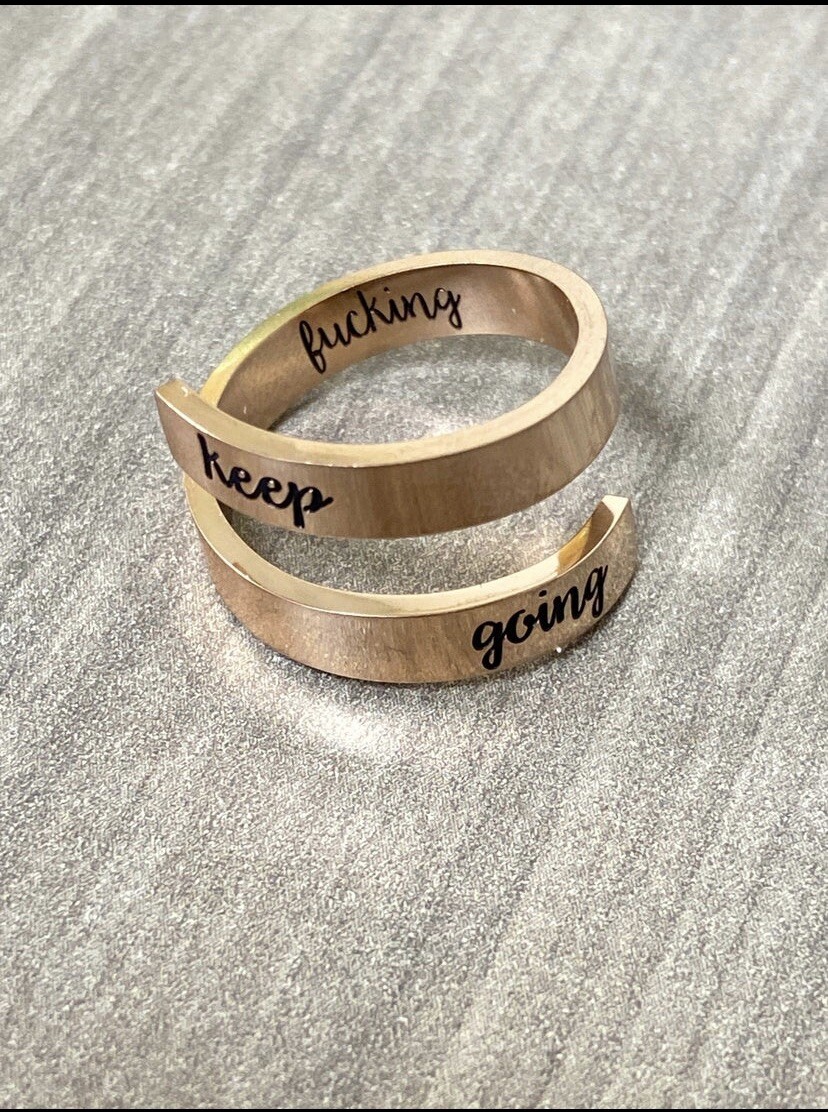 Rose gold keep f*ing going twist statement ring, awareness jewelry