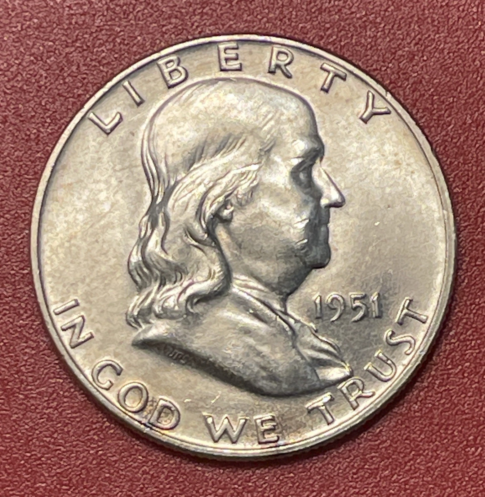 1951 D Franklin Silver Half Dollar, About Uncirculated (AU), FBL.
