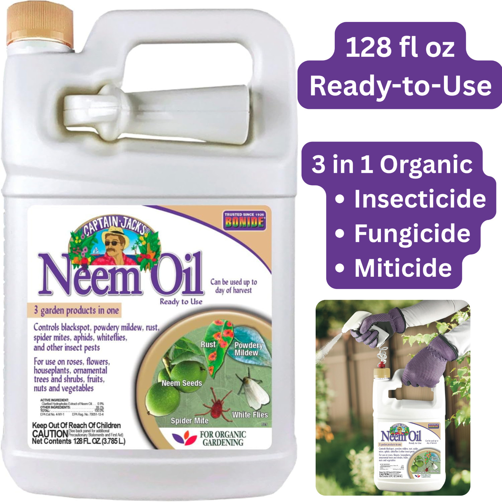 Bonide Neem Oil Spray 128 oz – Organic 3 in 1 Insecticide, Fungicide & Miticide