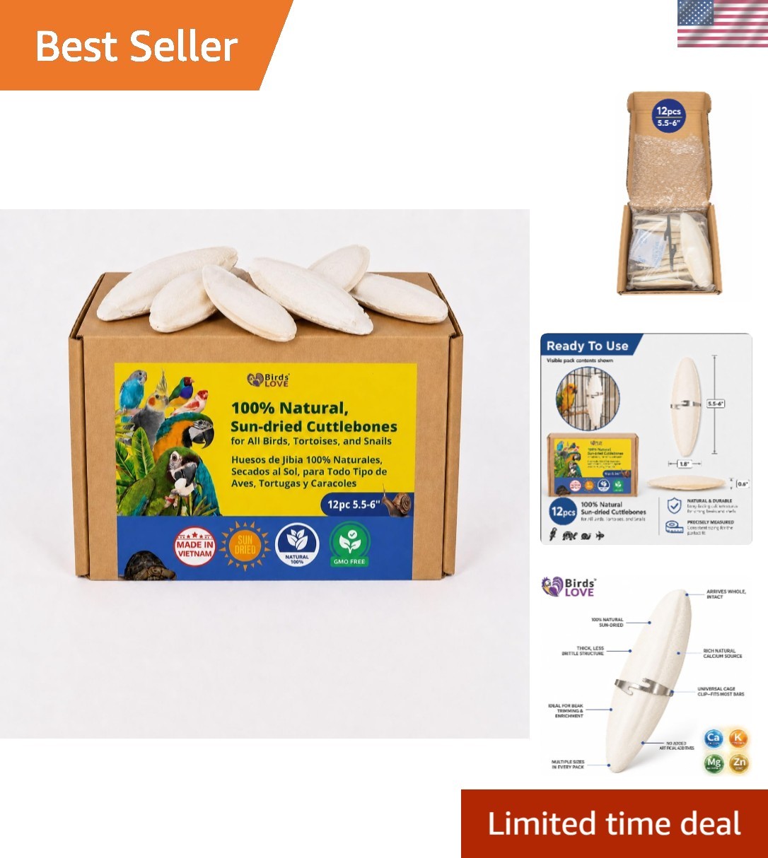 12-Pack Natural Cuttlebone 5.5-6″ for Birds - Calcium & Beak Support Supplement