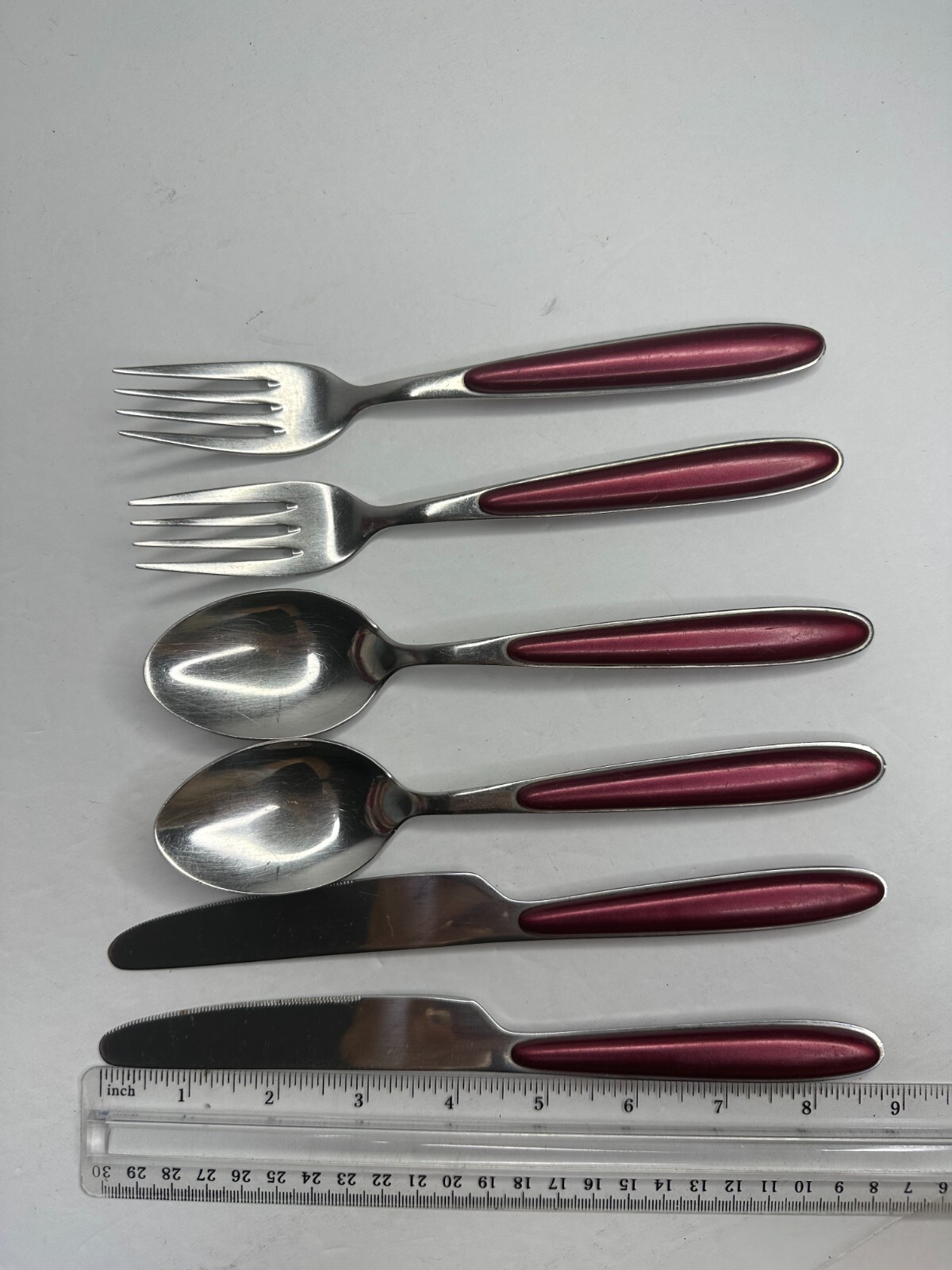 Red handle Stainless Flatware Replacement 6 Pc Pearlized Burgundy Resin