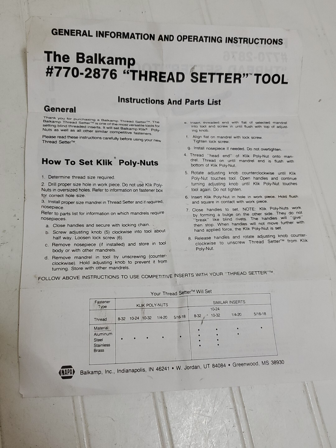 MARSON 7702876 Thread Setter Tool NAPA BALKAMP 770-2876 for Klik Poly-Nuts USA