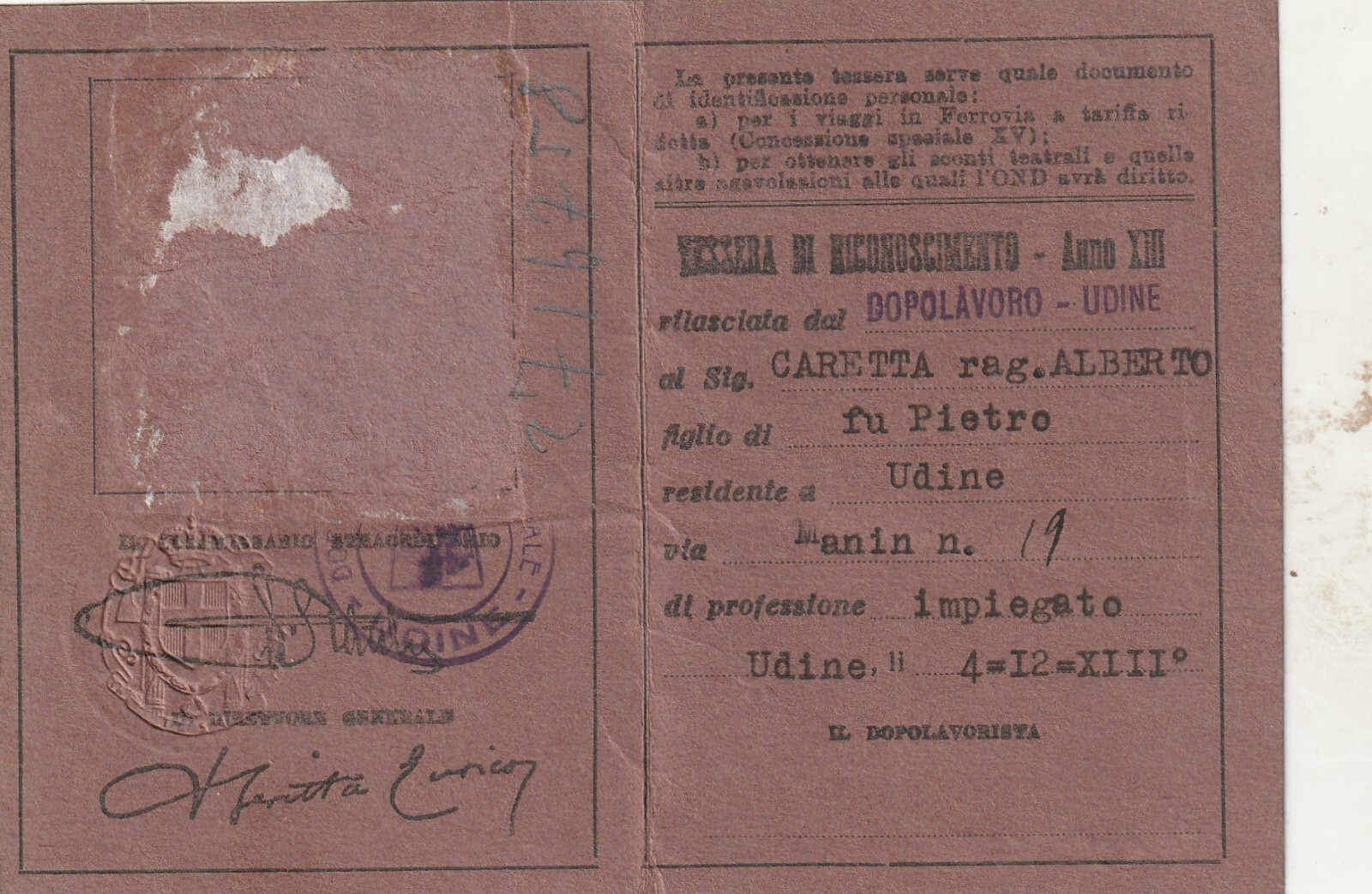 tessera OND anno XIII