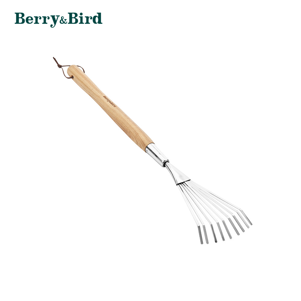 Berry&Bird Handheld Shrub Rake 26.8" Garden Lawn Leaf Rake With Ash Wood Handle