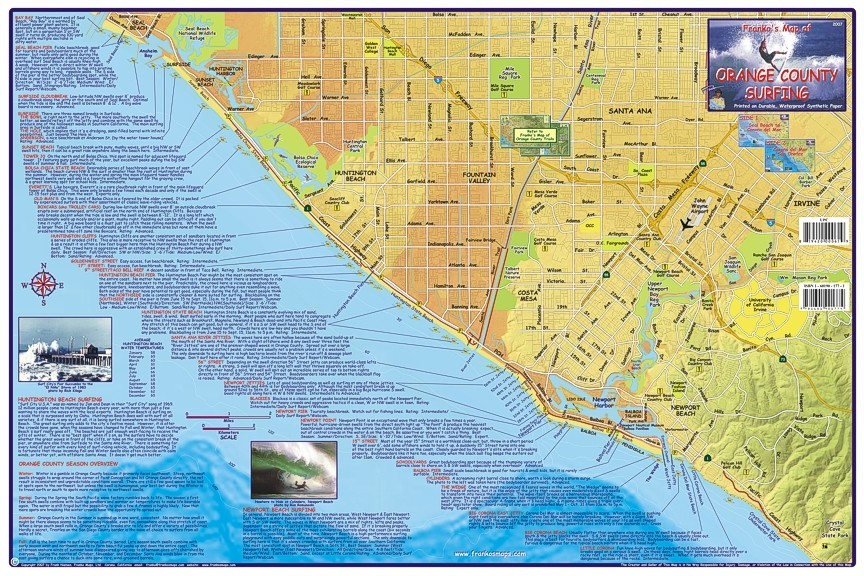 Orange County Surfing Map Waterproof Surfing Guide by Franko Maps