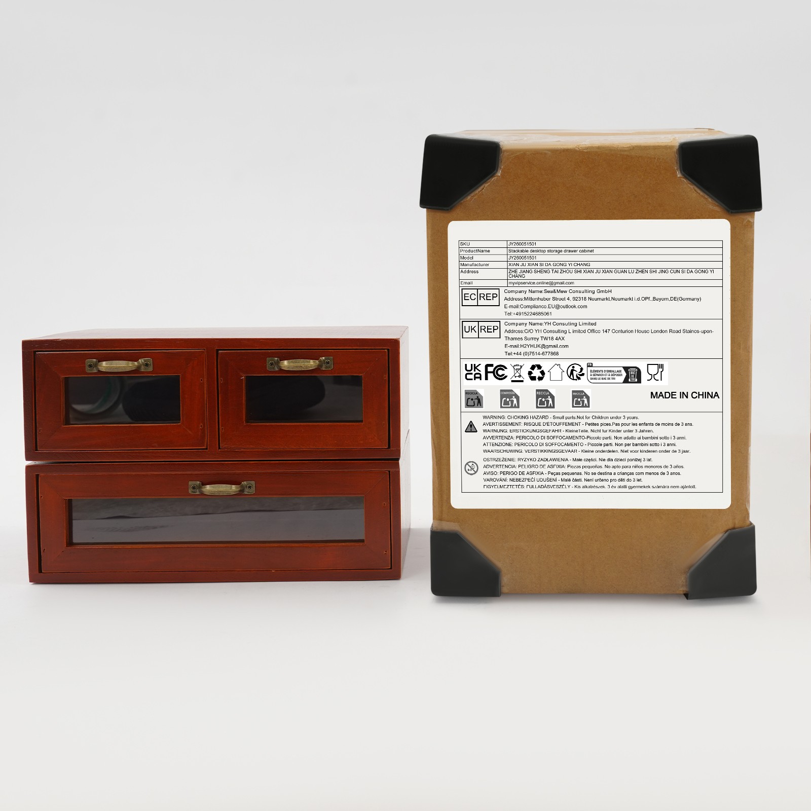 Desktop Storage Cabinet with 3 Drawers Wooden Box Organizer Stackable Brown