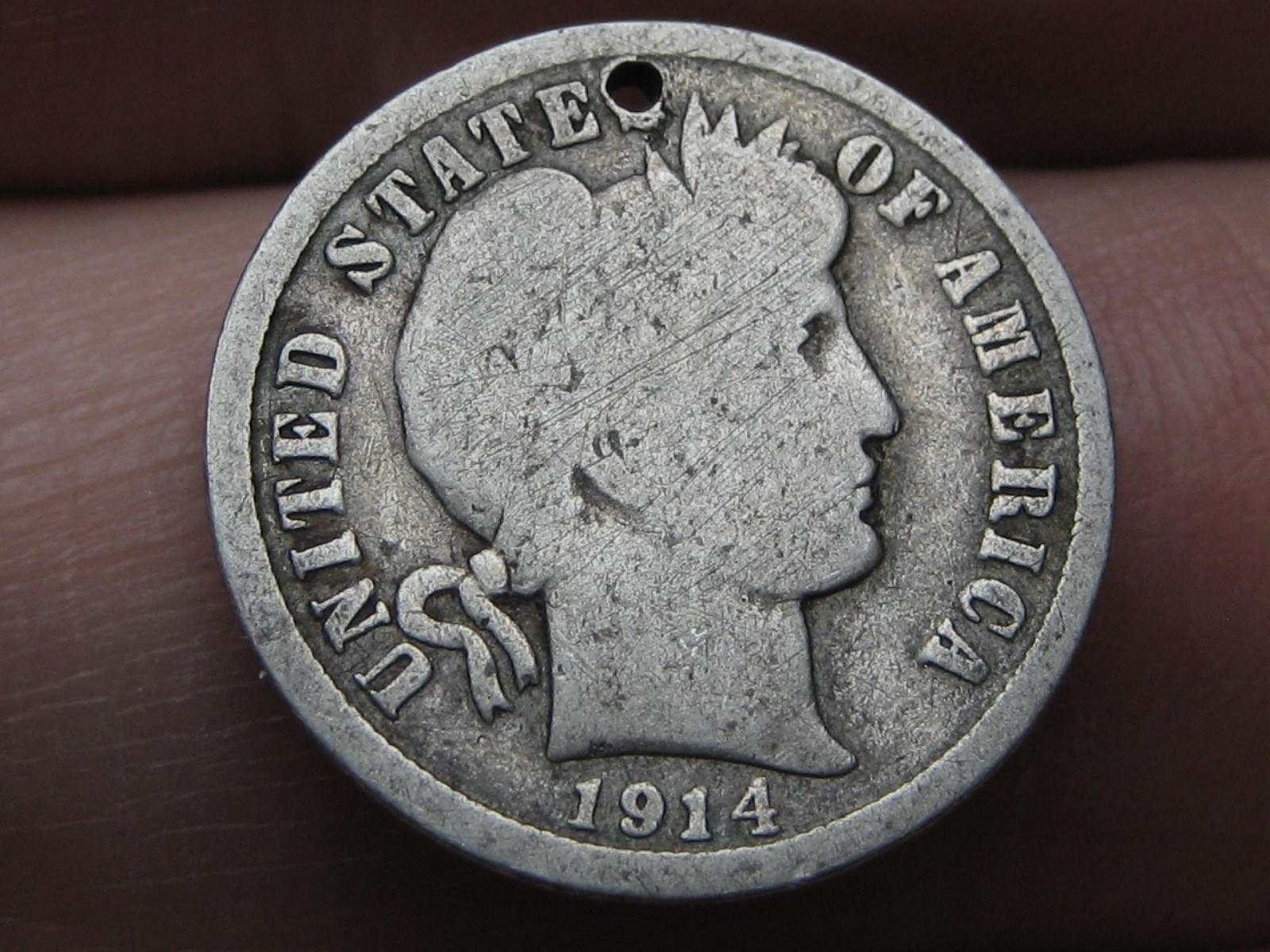 1914 D Silver Barber Dime 10 Cents- About Good Details, Holed for Necklace