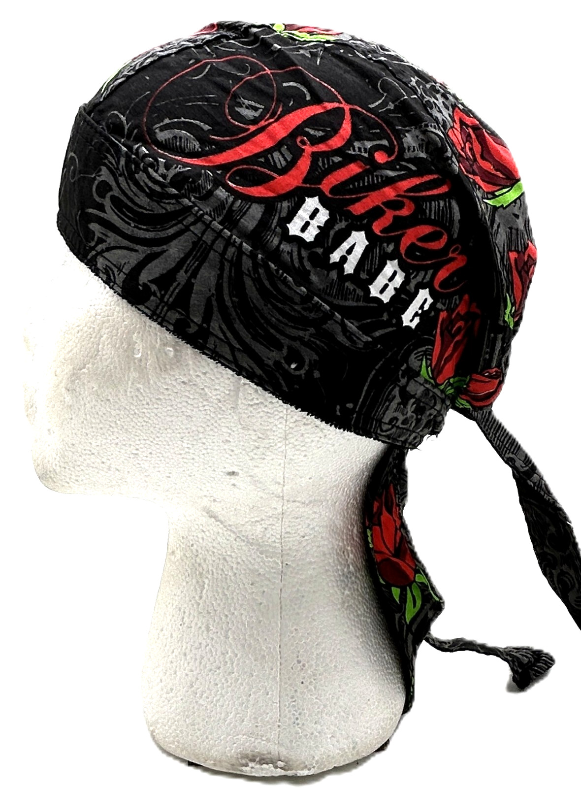 Women's Biker Babe Roses Headwrap Doo Rag Skull Cap Sweatband