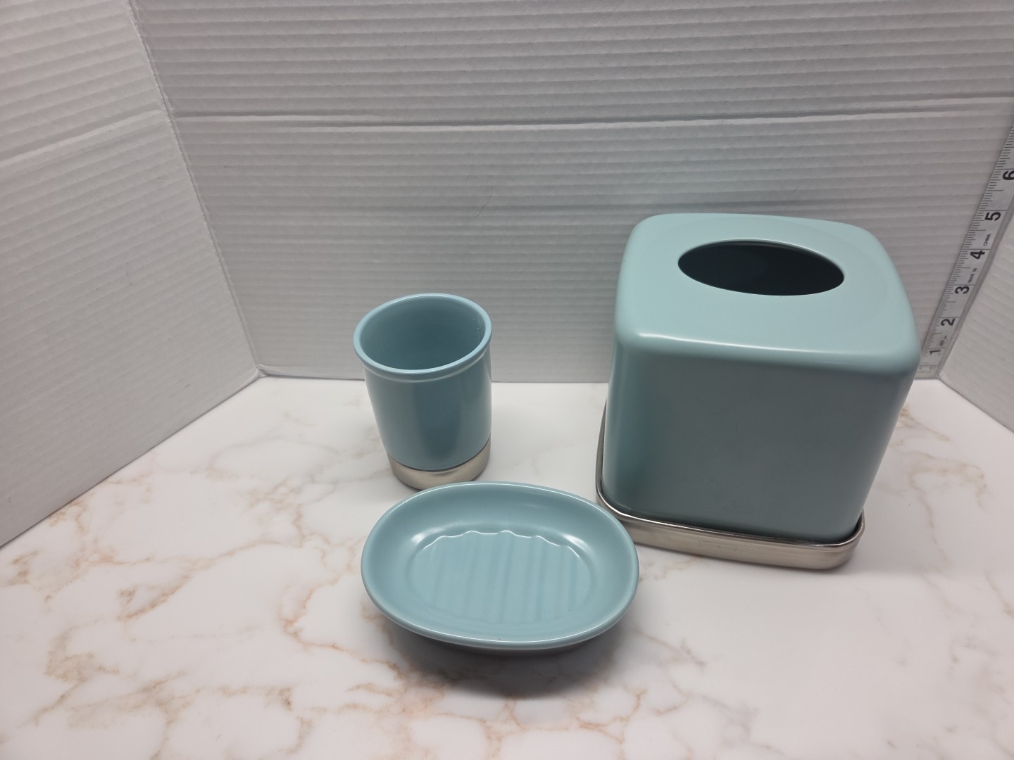 Bathroom Accessories 3 Piece Set Robins Silver & Blue Color Soap Tissue Cup