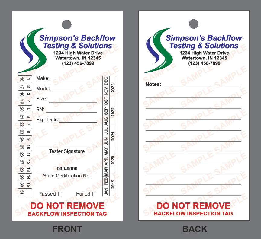 Backflow Inspection Tags - Custom Print - Waterproof - UV Resistant (Pkg of 100)