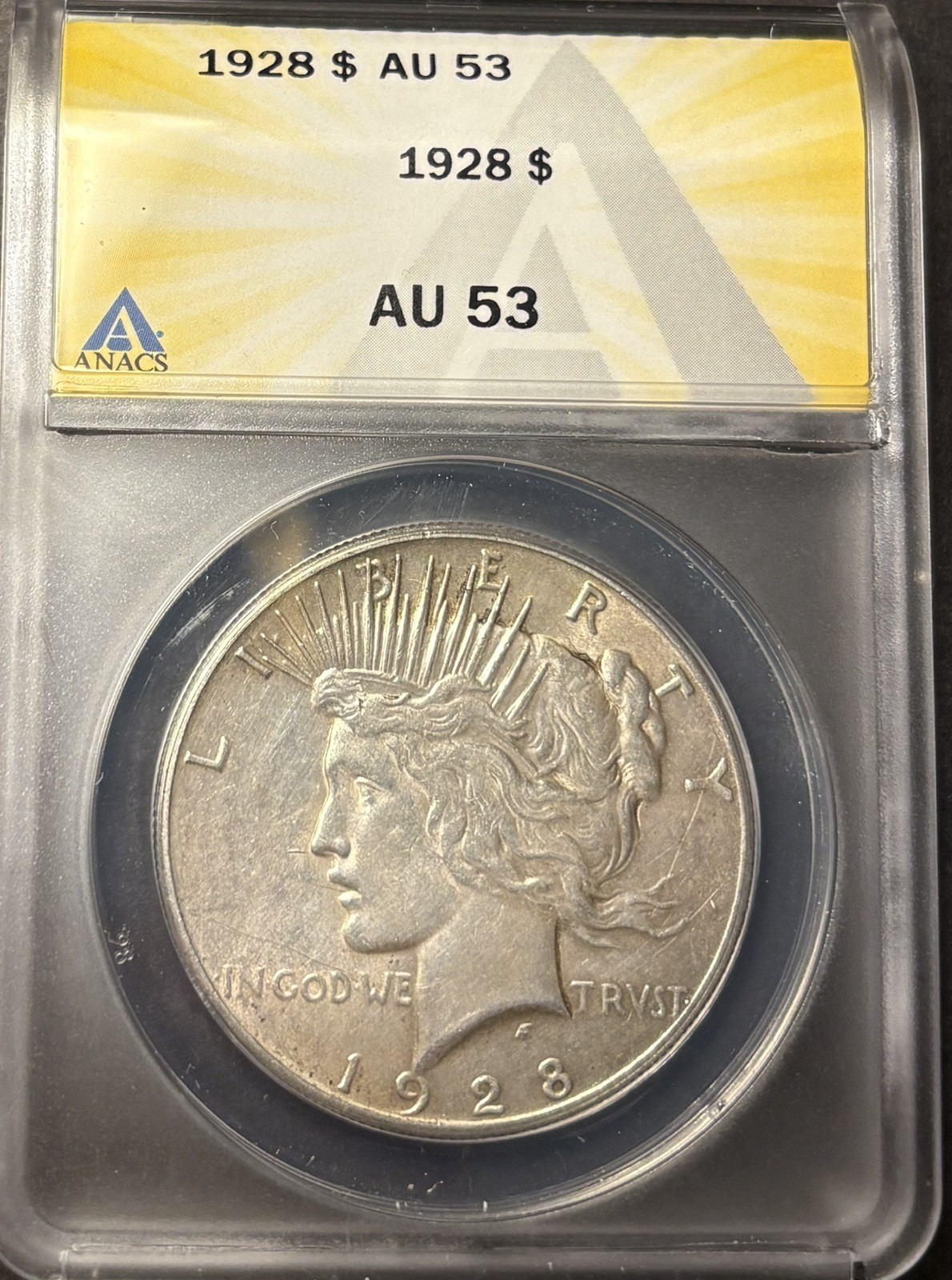 1928 Peace Silver Dollar AU 53 ANACS $1 Coin