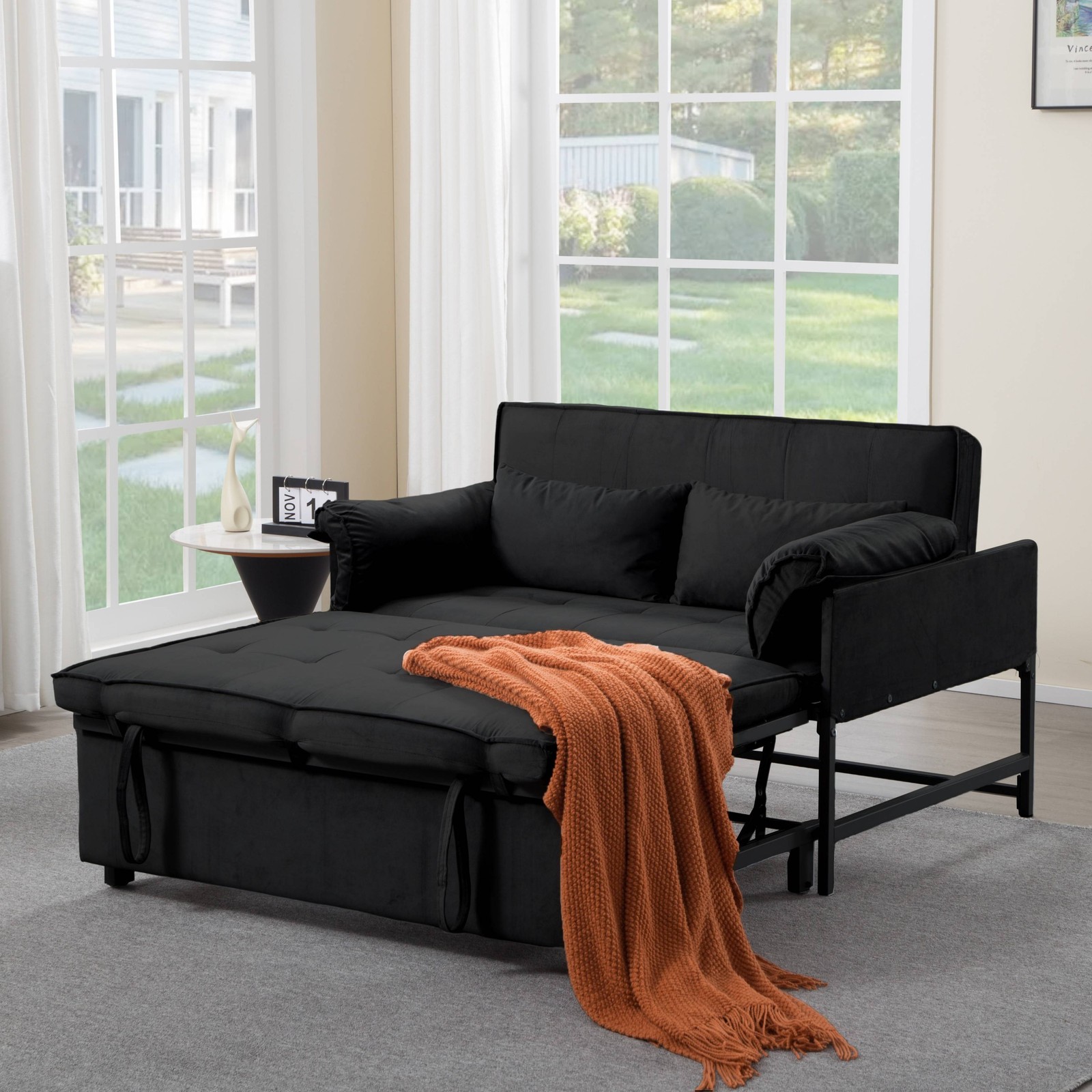 46" Velvet Sleeper Sofa Bed Twin Size Pull-Out Reclining Back 5 Angle Recline