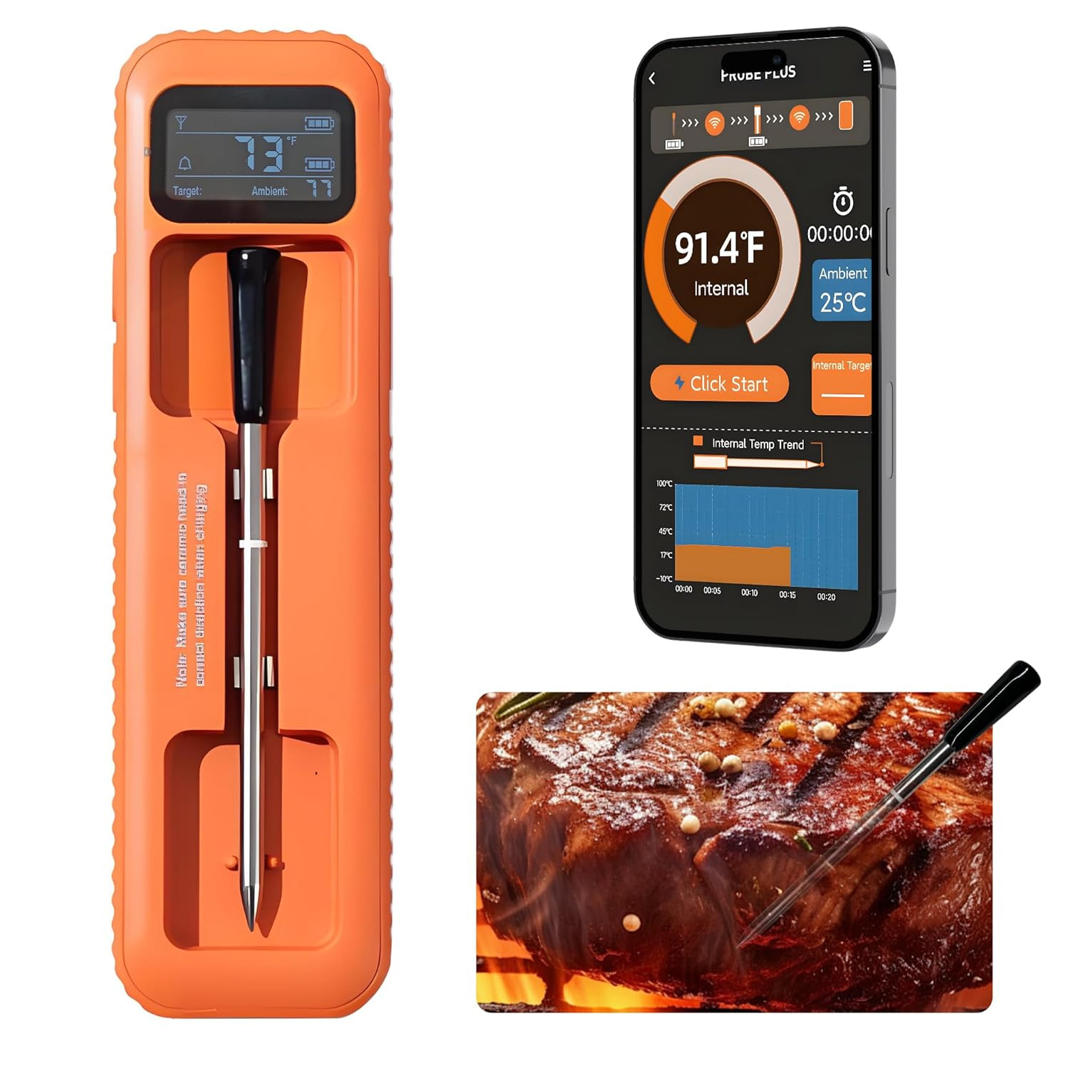 Wireless Meat Thermometer Digital with Bluetooth App Control, Rechargeable Grill