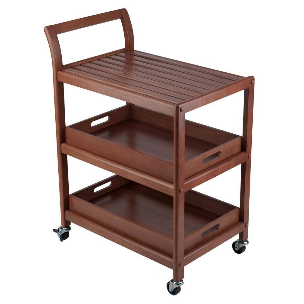 WINSOME WOOD Kitchen Cart Walnut Rolling Casters 2-Serving Trays Slatted Shelf