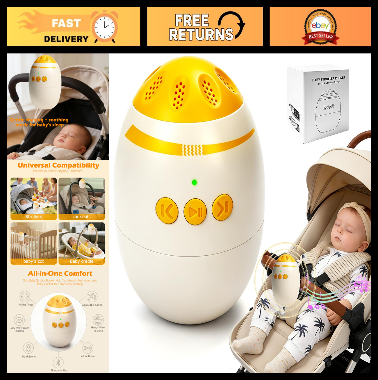 Hands-Free Baby Stroller Rocker & Bassinet with Vibration for Sleep Soothing