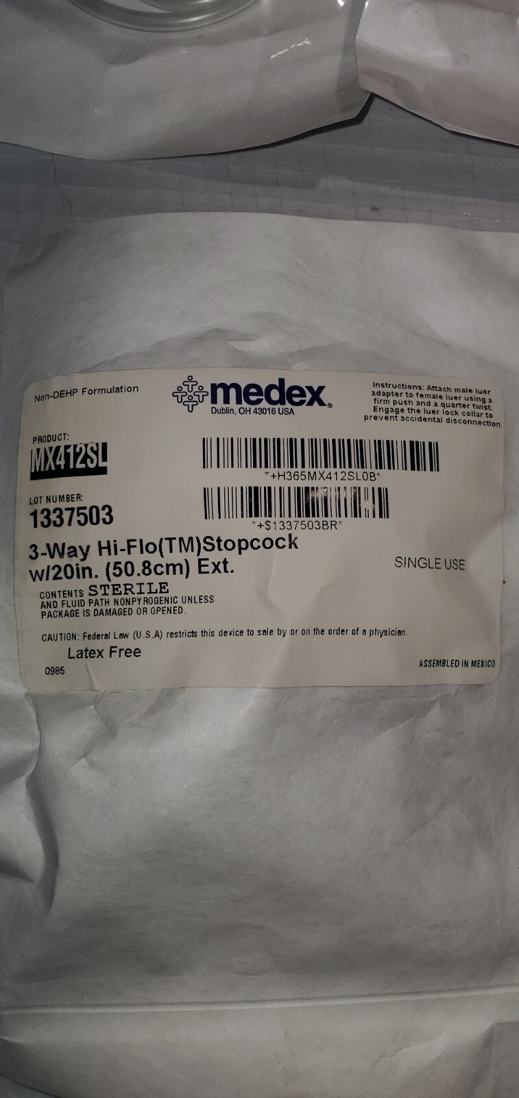 MEDEX 3-Way HI-FLO Stopcock W/20in. Tube P/N MX412SL Pack Of 3 (For Training)