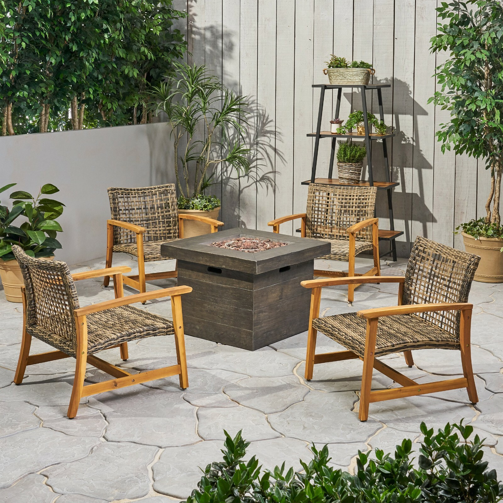 Rachel Outdoor 5 Piece Wood and Wicker Club Chairs and Fire Pit Set