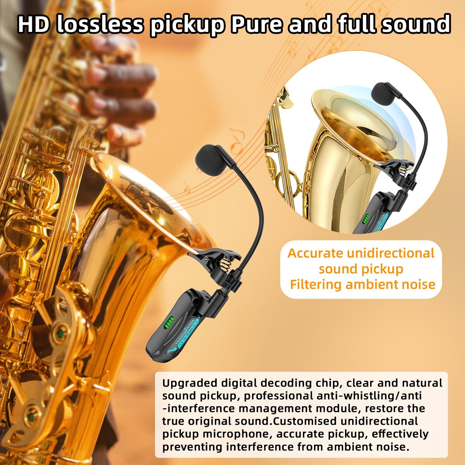 Wireless Saxophone Microphone System, Clip-On Instrument Mic for Black