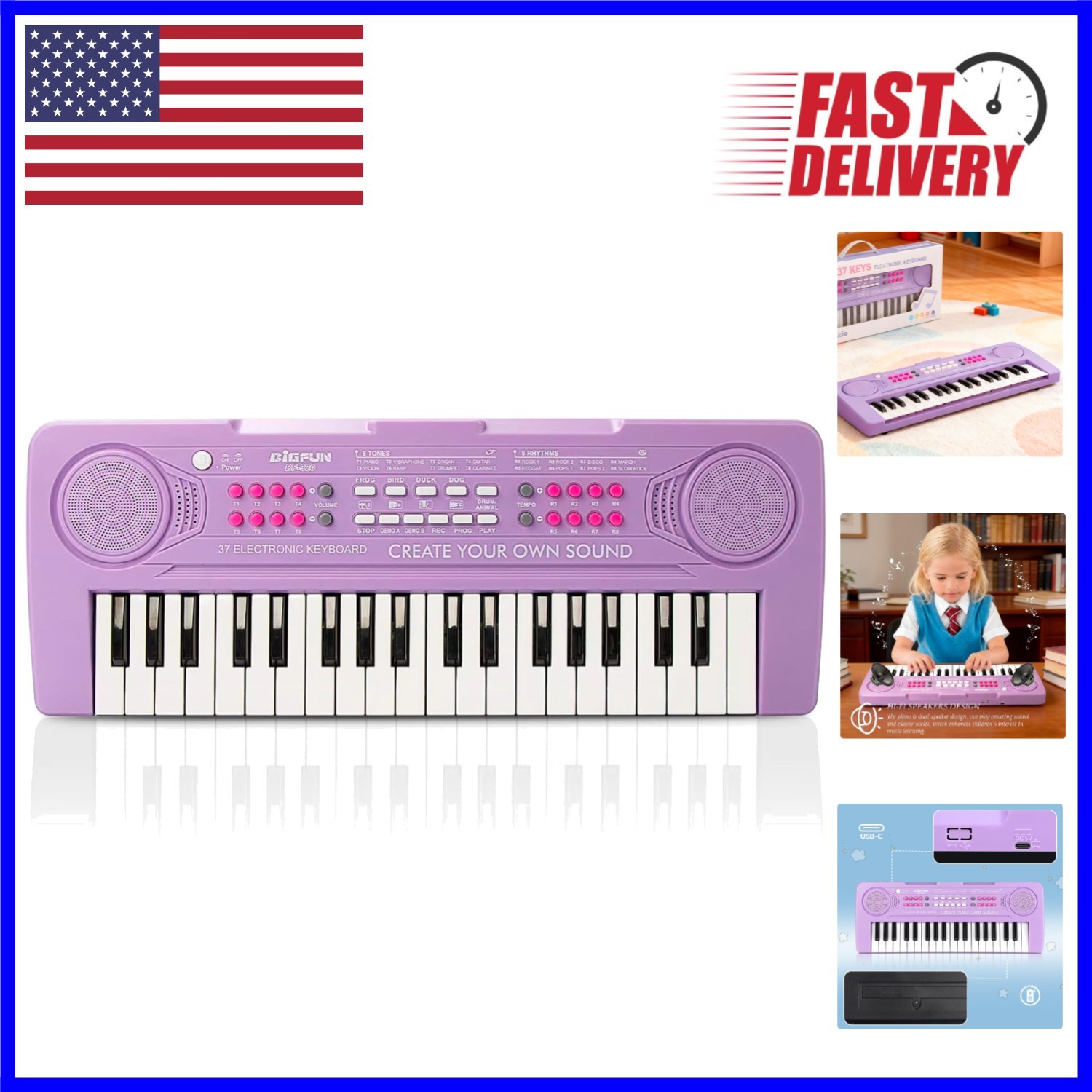 37-Key Purple Kids Piano: Multifunctional Electronic Keyboard for Ages 3-7