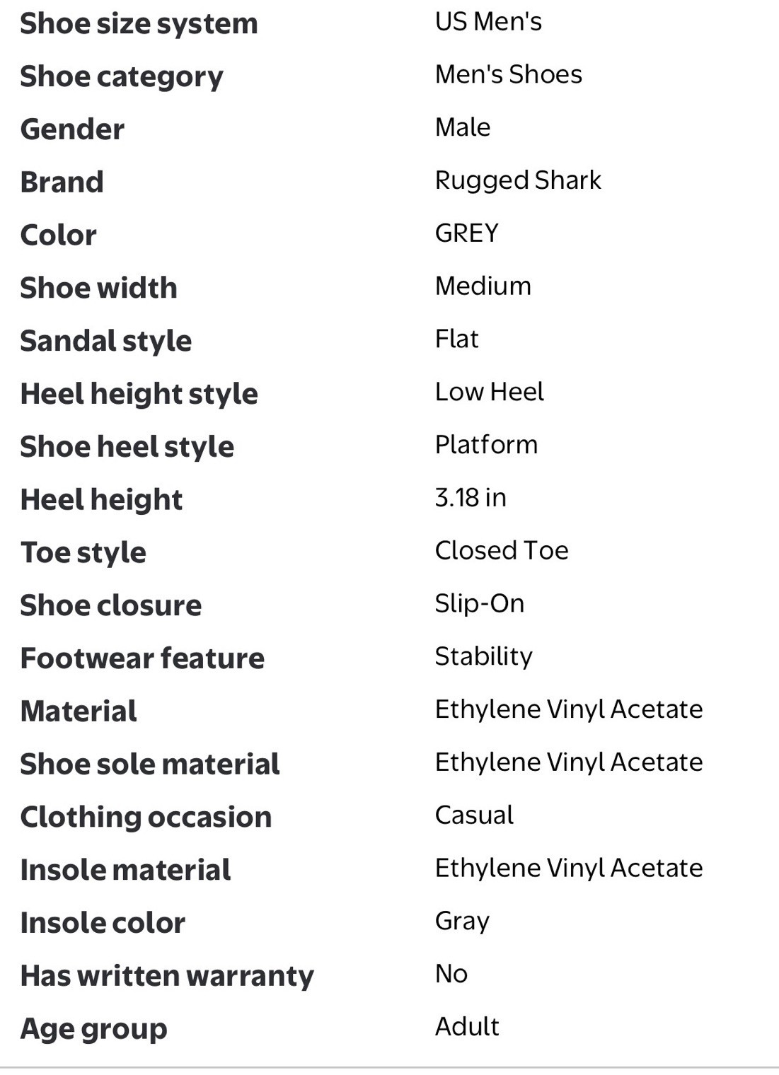 New Rugged Shark Men's Grey Active Slip-On EVA Sandals Size 7 Washable Floatable
