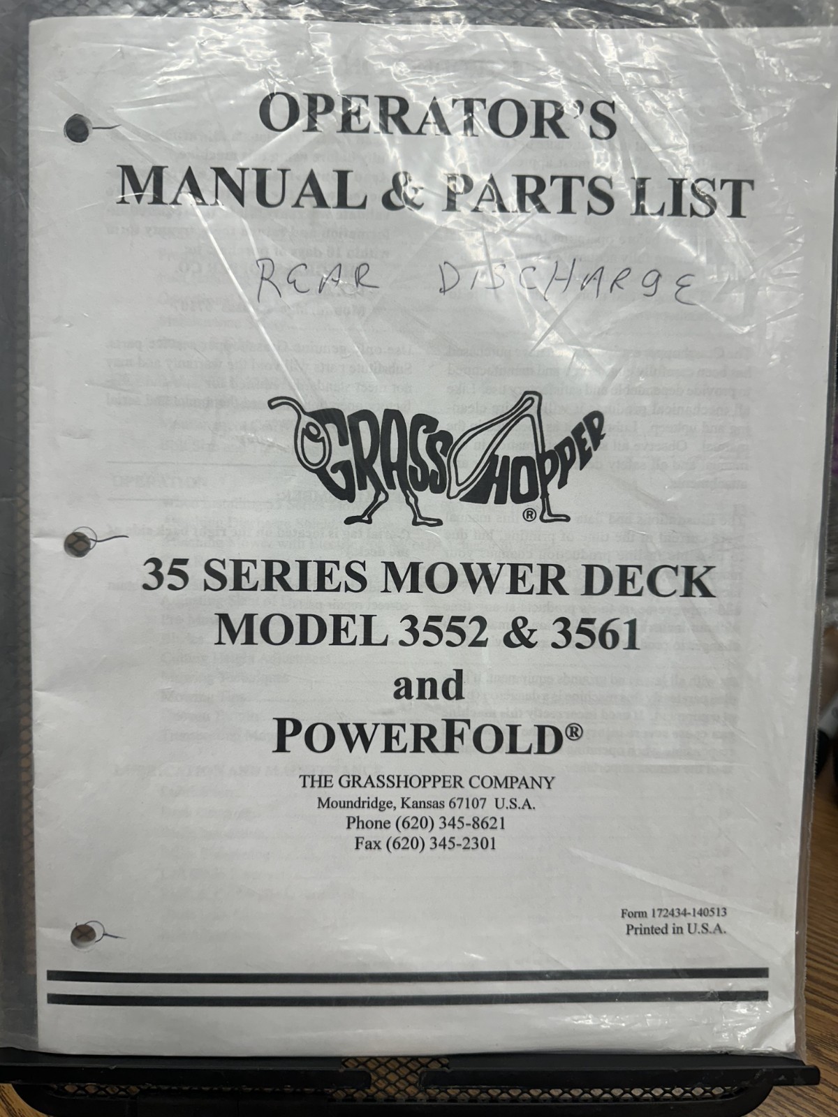 Grasshopper Operator's Manual & Parts List for 35 Series Rear Discharge Deck.