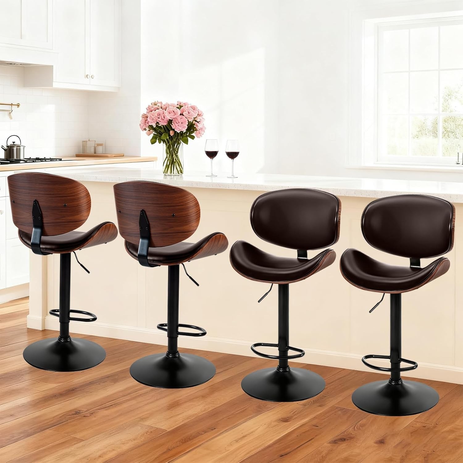 Swivel Bar Stools Set of 2 Adjustable Counter Height Bentwood BarStools PU