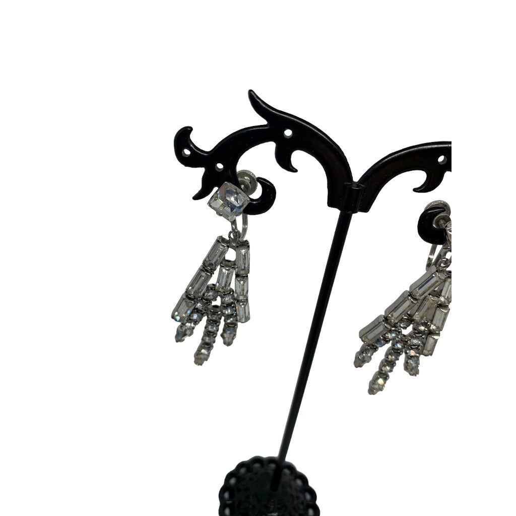 Vintage Rhinestone Earrings Dangle 2" Drop Screwback Non-Pierced