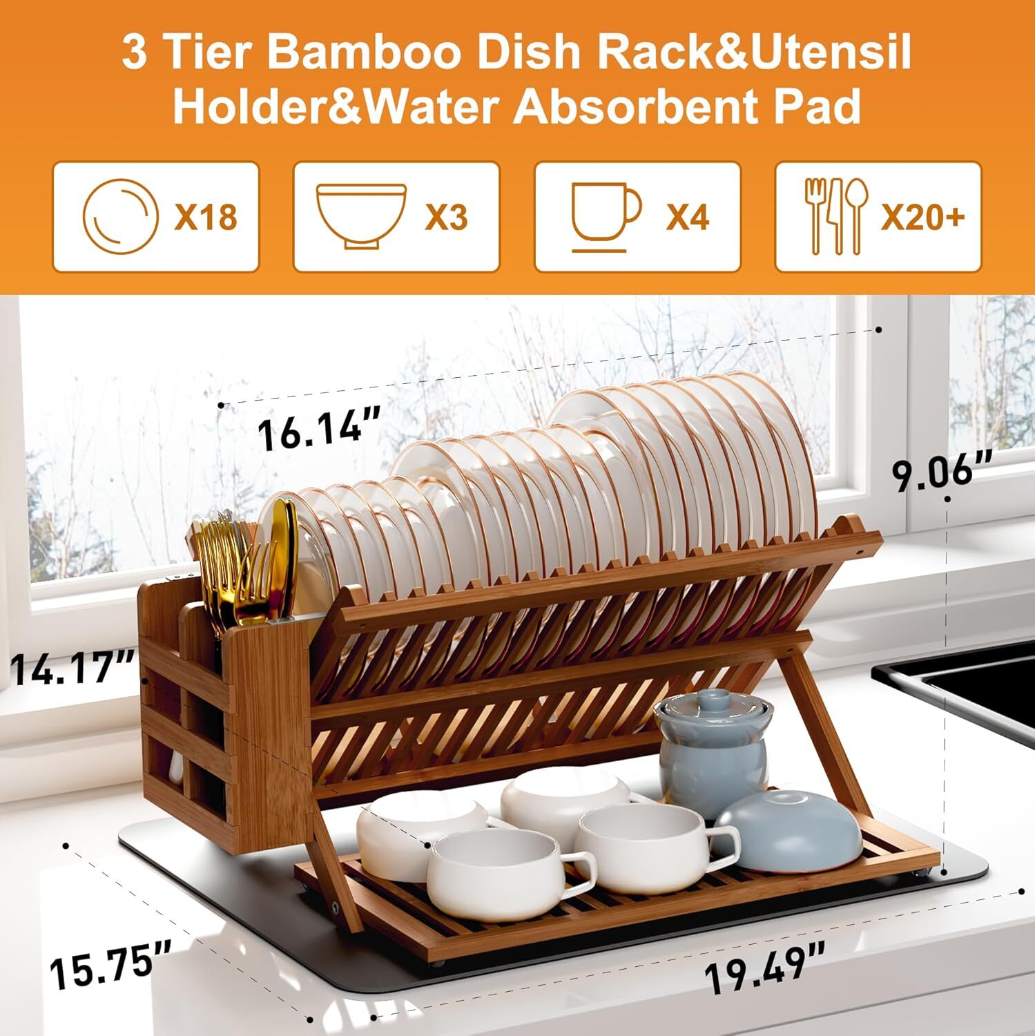 Bamboo Dish Drying Rack with Utensil Holder, 3 Tier Foldable Dish Rack.