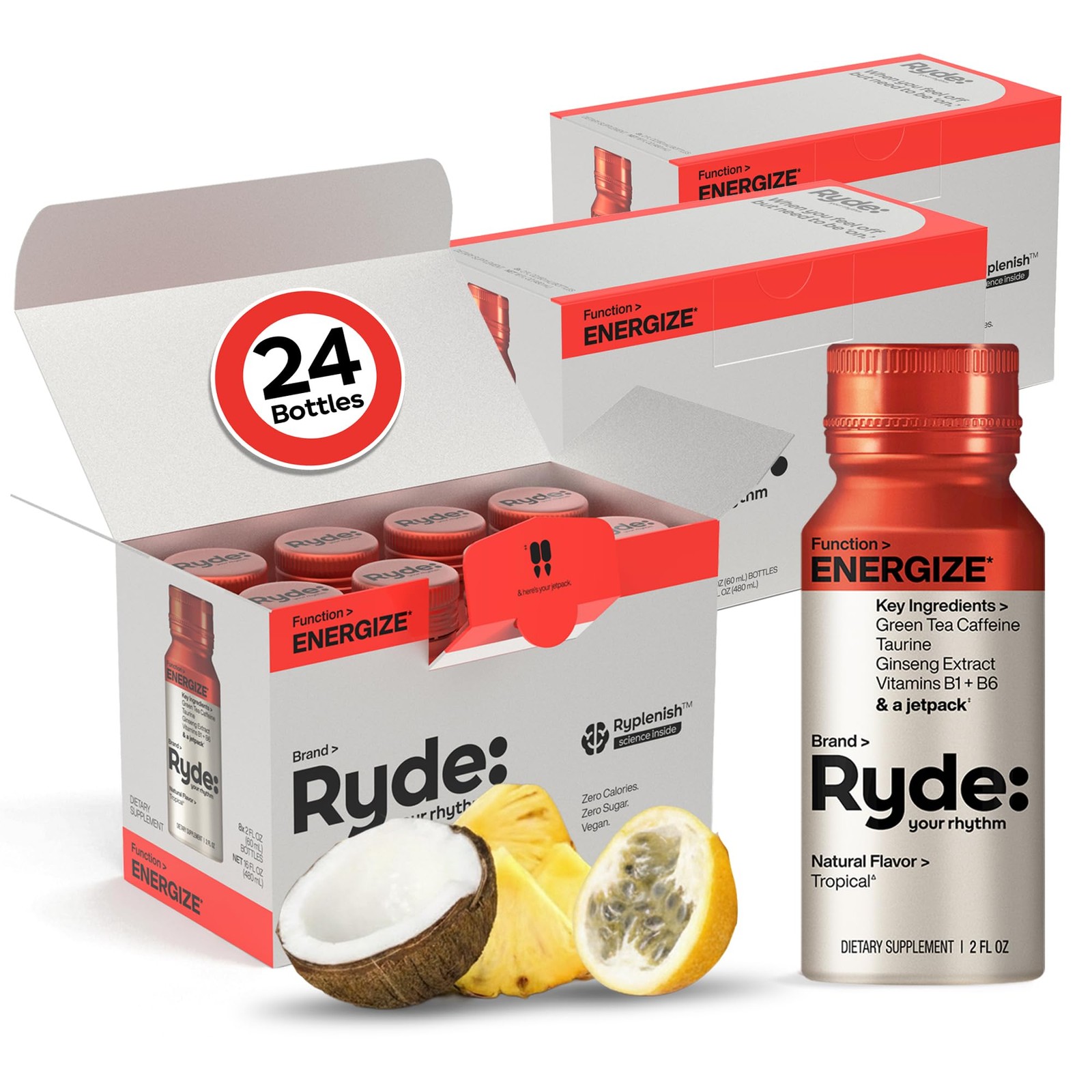 Ryde: Energy Shot, 0 Calories, 0 Sugar, Green Tea Caffeine, Taurine, Ginseng Ext