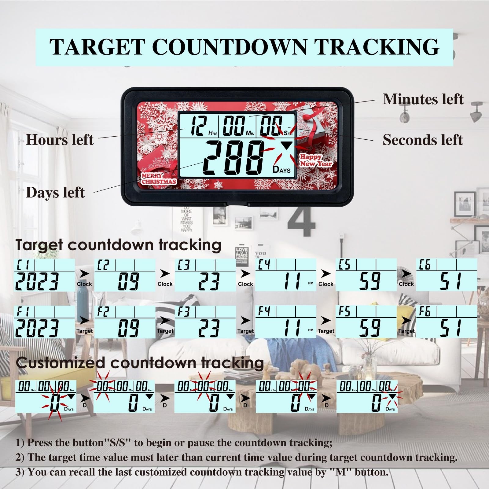 Digital 9999 Days Countdown Clock,Backlight Display,Start/Stop Button for Chi...