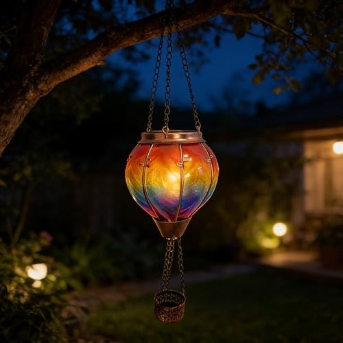 2026 Hot Air Balloon Solar Lantern with Flickering Flame, Glass Colorful-1 Pack