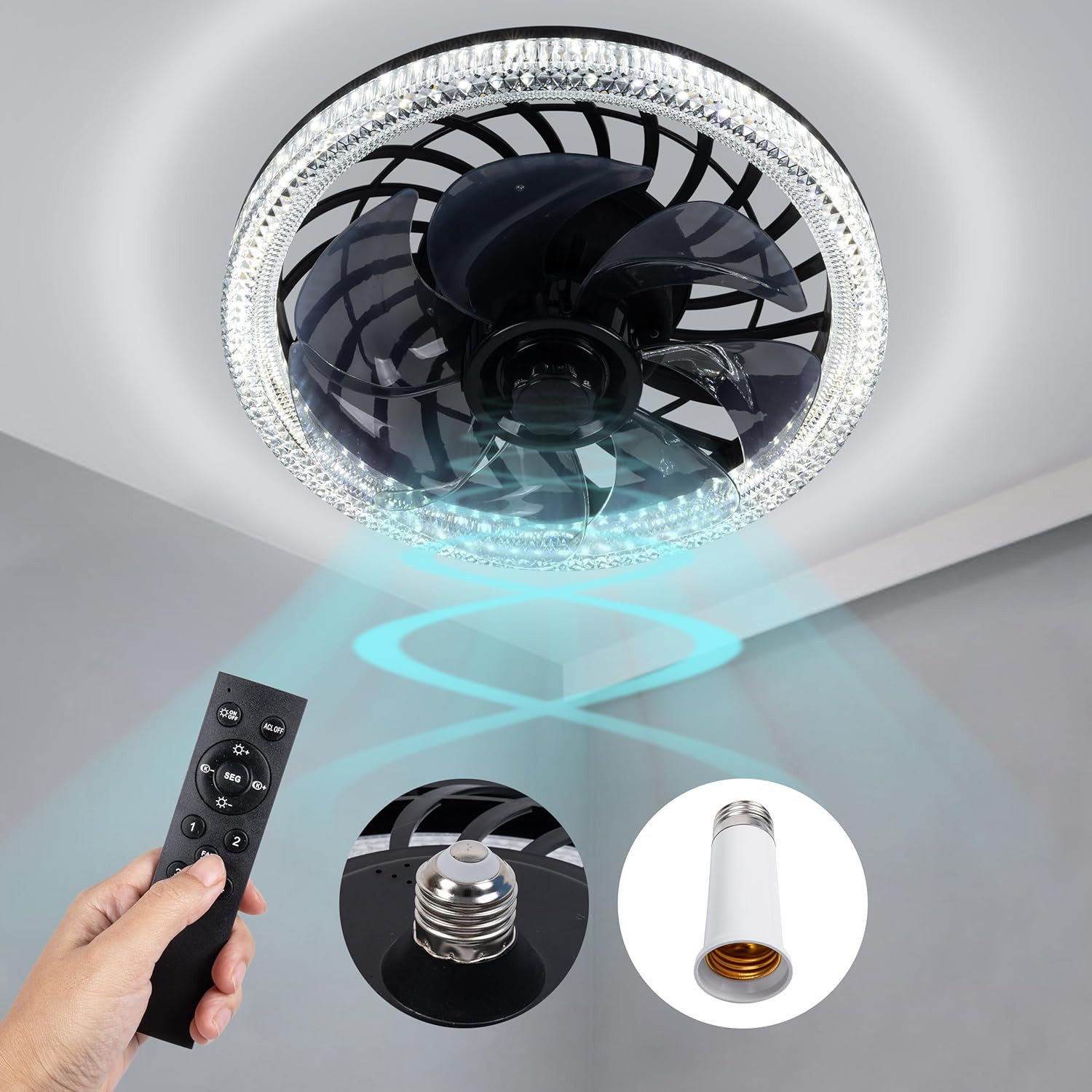 Socket Ceiling Fan Light,Bulb Socket Fan with Remote,Dimmable E26 Base Ceiling F