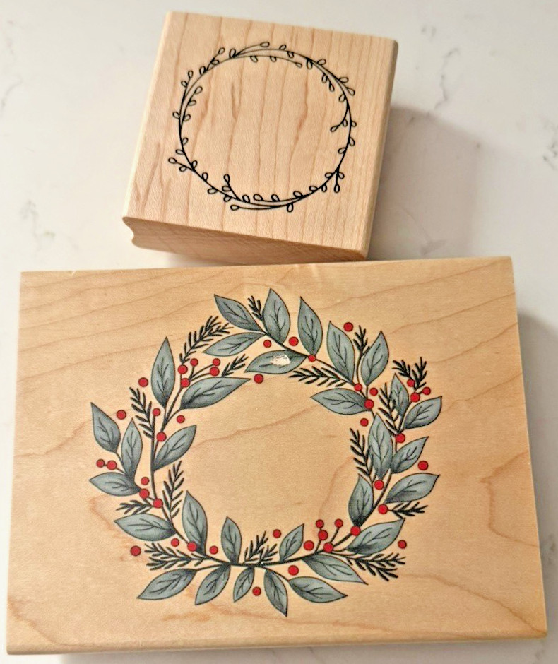 Wreath Frame Rubber Stamp Set | Leaf & Berry Circle Designs | Wood Mounted | New