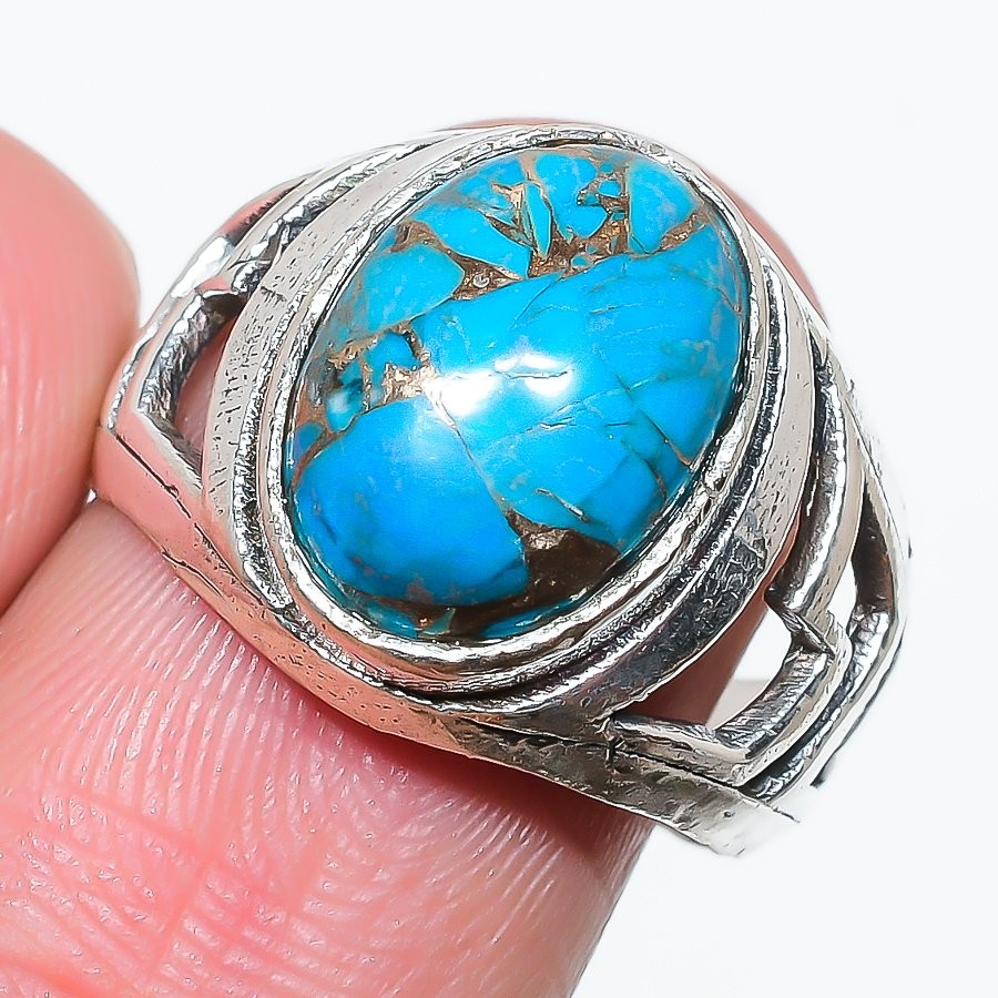 Copper Blue Turquoise Gemstone Handmade 925 Sterling Silver Jewelry Ring Size 9