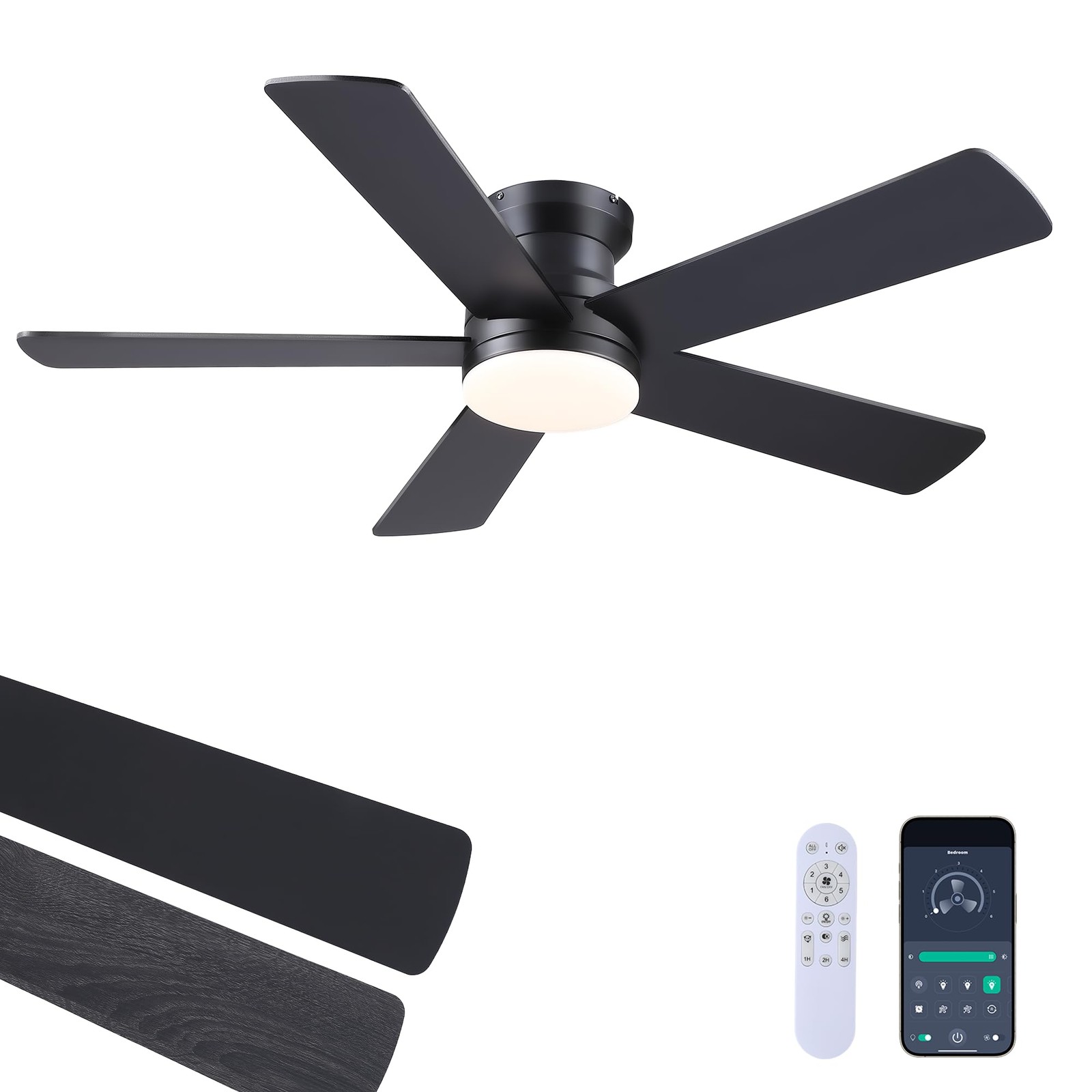 Ayaoty Ceiling Fans with Lights - 48" Black Flush Mount 48IN, Black-48in