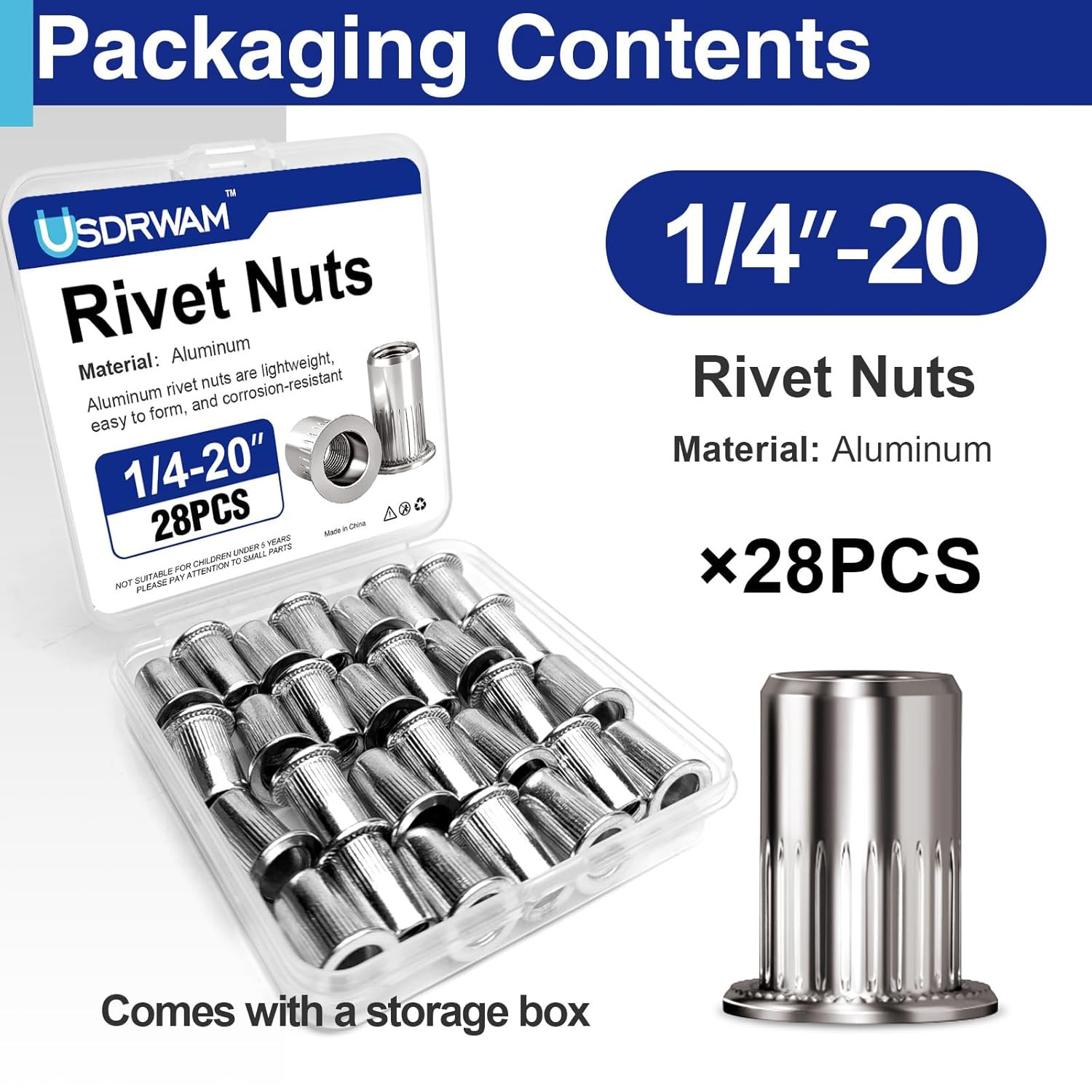 1/4-20 Aluminum Rivet Nuts, Threaded Inserts Rivnuts UNC Nutsert 28 Pcs