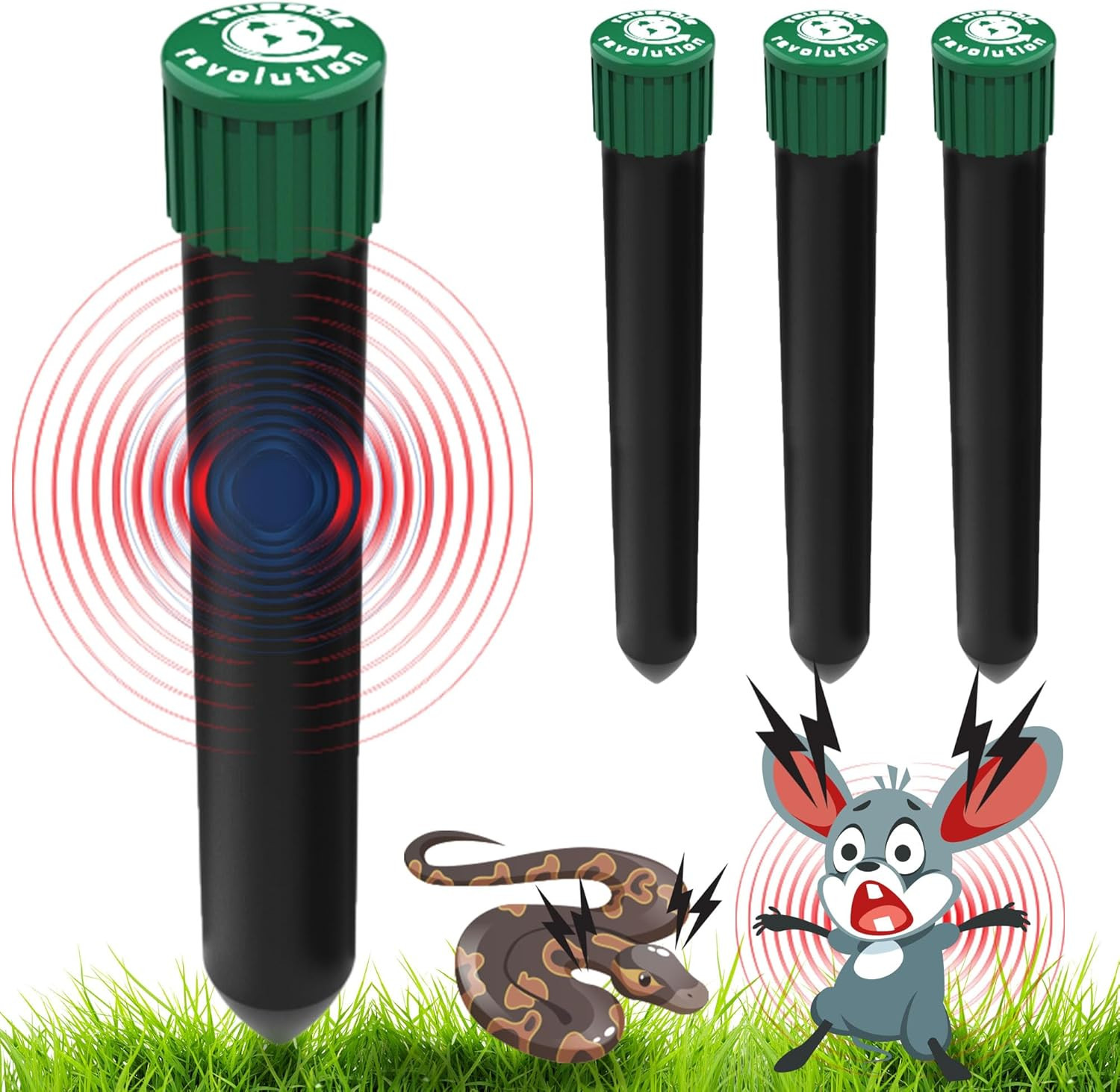 4 Pack Sonic Mole Chaser - Battery Operated Rodent Repeller Stake, Scares Away M
