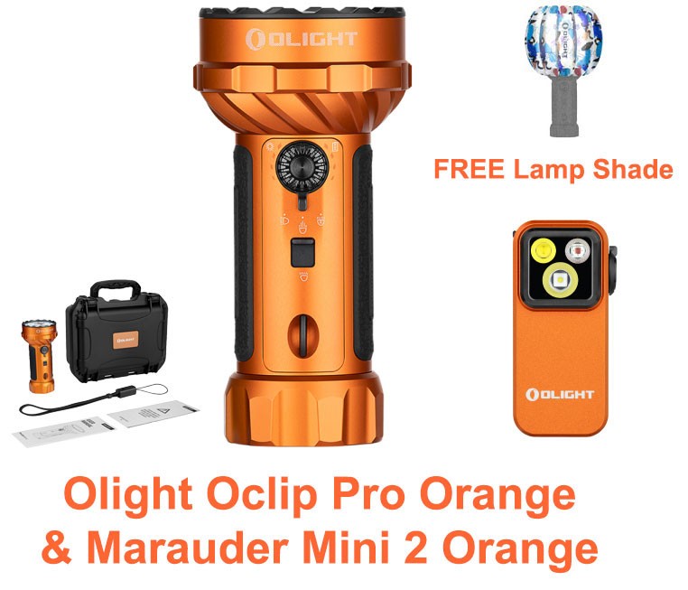 Olight Marauder Mini 2 Orange & Oclip Pro Orange Flashlights, FREE Lamp Shade