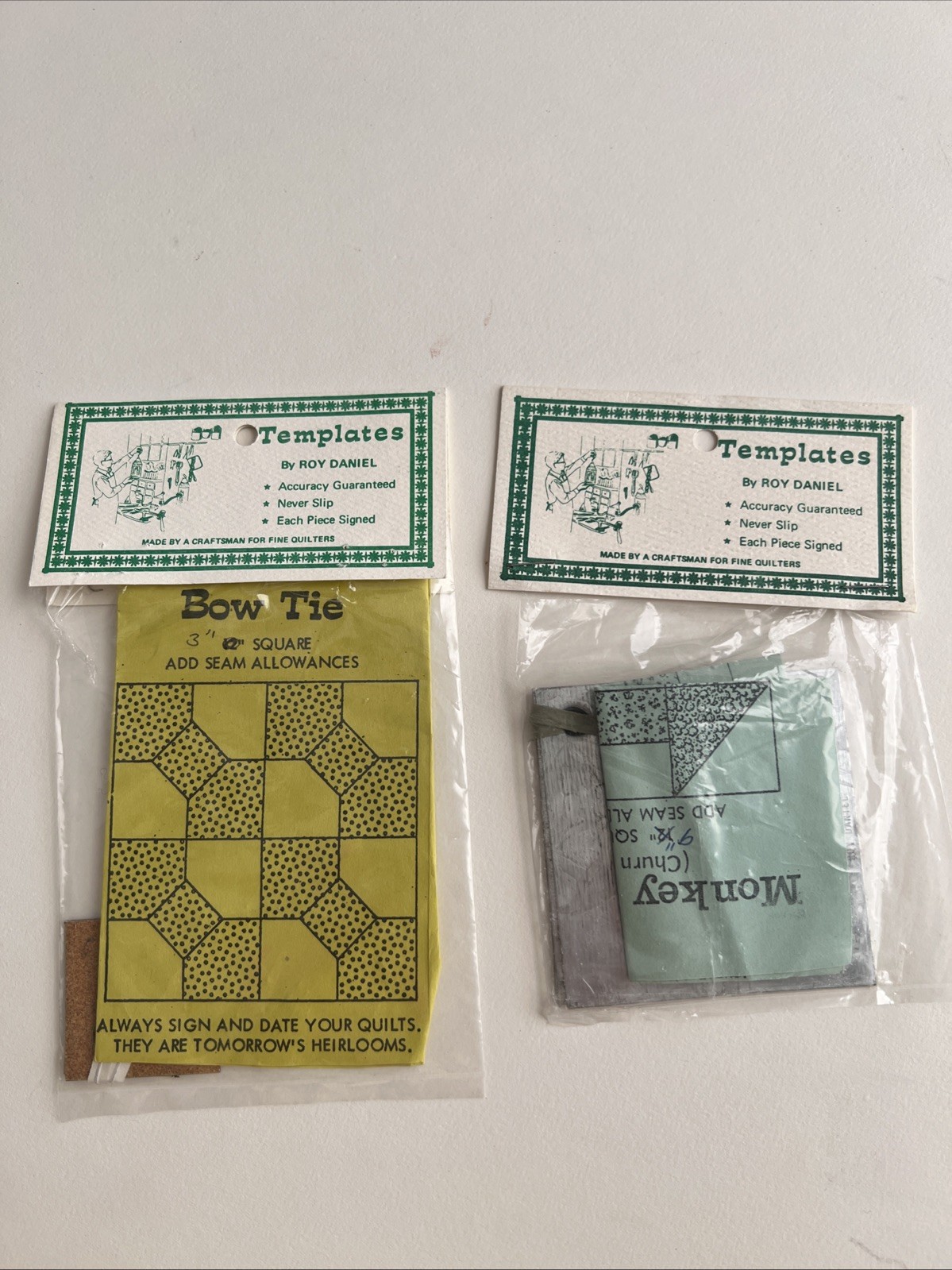Vintage Roy Daniel Quilting Templates Lot of 2 Metal Temp.-Bow Tie/Monkey Wrench