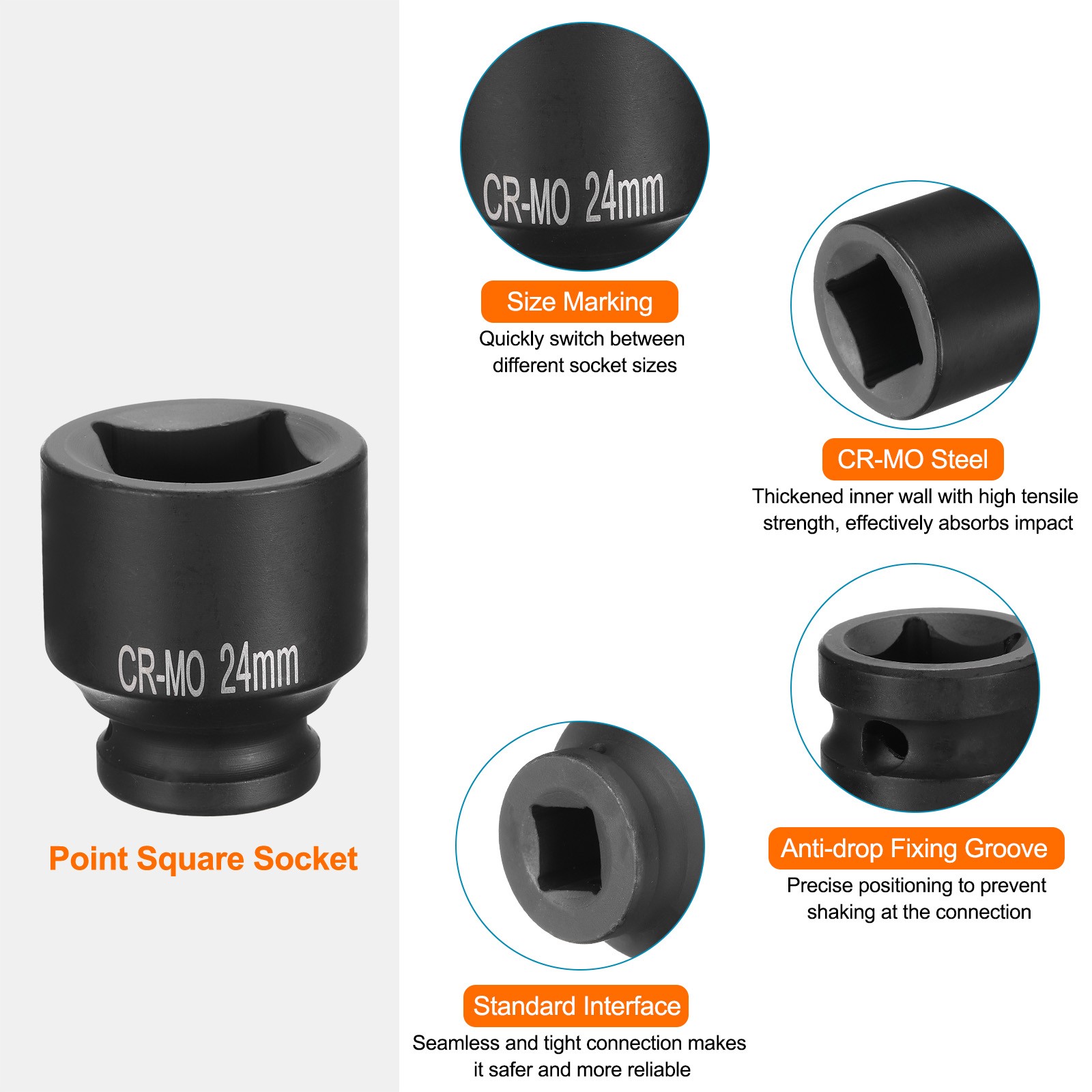 4 Point Square Socket 1/2" Drive 24mm Metric CR-MO Square Impact Wheel Socket