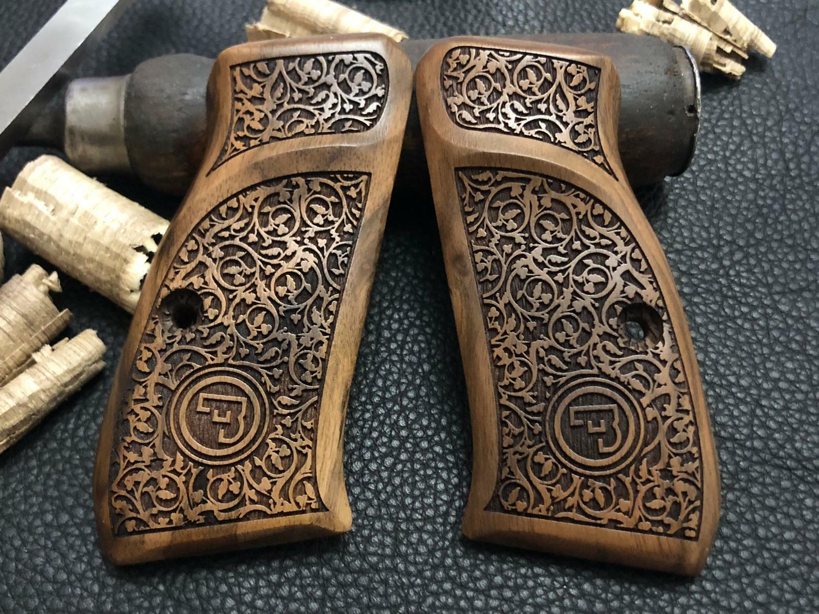 CZ 75 Compact, CZ P-01, CZ 75 D Compact Walnut Wood Grips. Handmade. Floral.