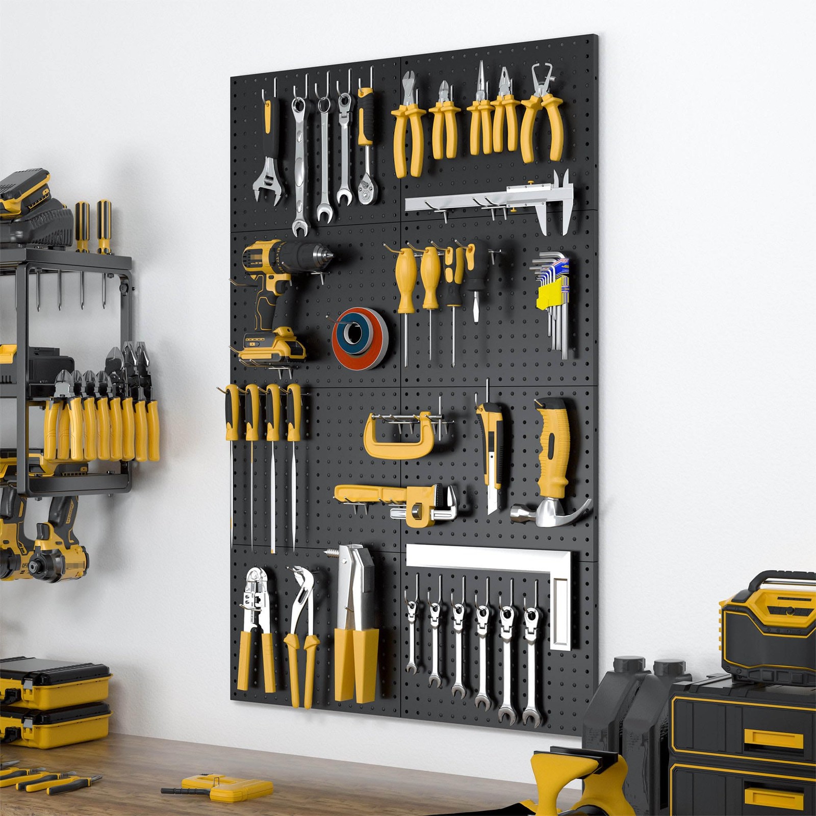 Peg Board, 8 Pack Metal Pegboard Panels with 50 Hooks, Black Pegboards Wall O...