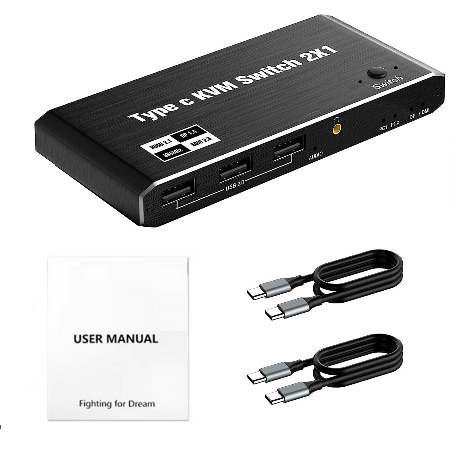 8K 2x1 USB C KVM Switch 100W PD Charge 2 In 1 Out  For 2 Laptop 1 Monitor