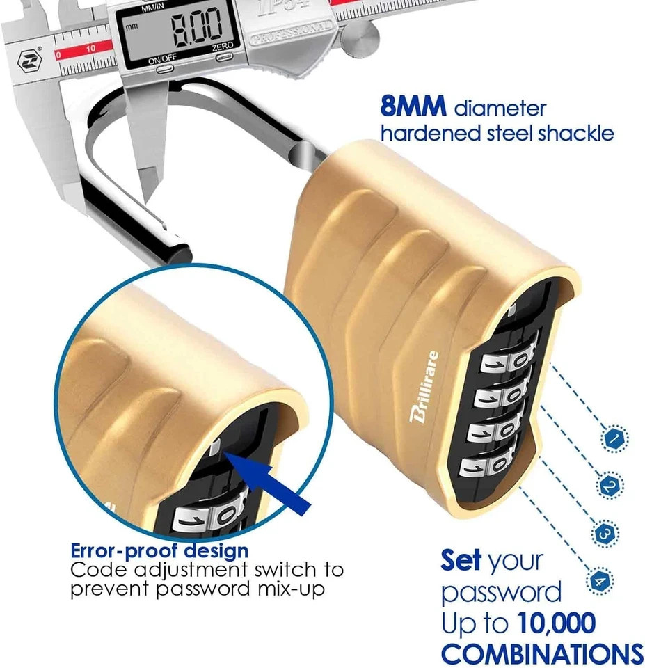 Combination Lock, 4 Digit Heavy Duty Padlock Metal Outdoor, Weatherproof Alloy L