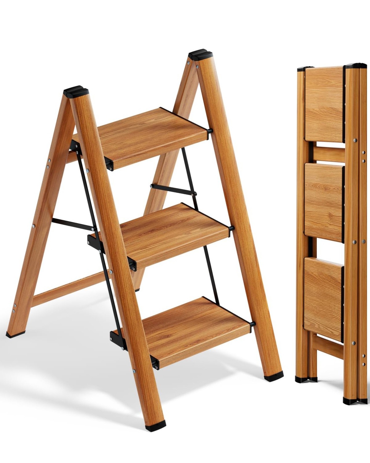 SOLADDER 3 Step Ladder, Folding Aluminum 3 Step Stool with Anti-Slip Wide Stu...