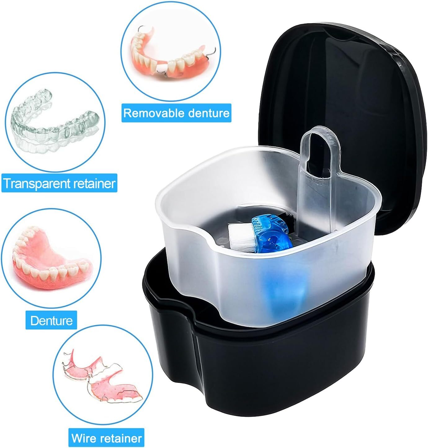 Denture Case, Denture Bath Cup with Brush, Denture Container Cups for Soaking De