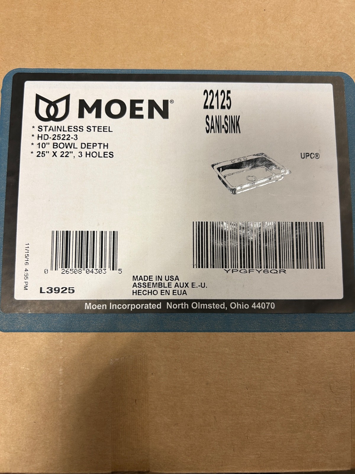 Moen Commercial 25"X22" Stainless Steel 18 Gauge Single Bowl Drop In Sink 22125