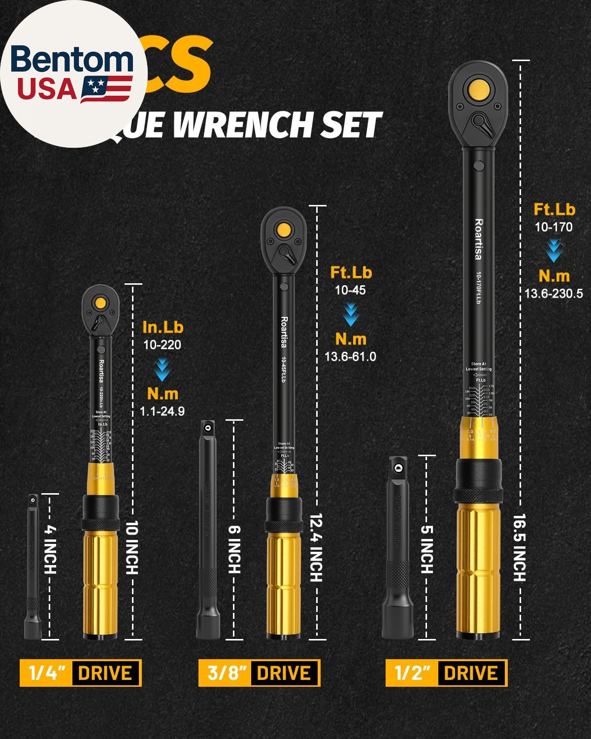 6PCS Torque Wrench Set - 1/4 & 3/8 & 1/2-Inch Drive Click Torque Wrenches - ±3%