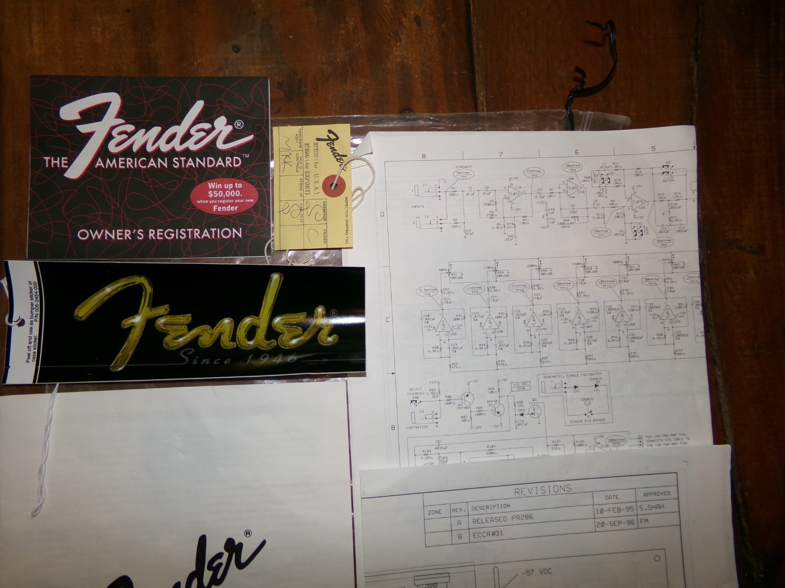 8 pc Fender Original Manual, Paperwork, Bumper Sticker, Tags, Schematic Diagrams