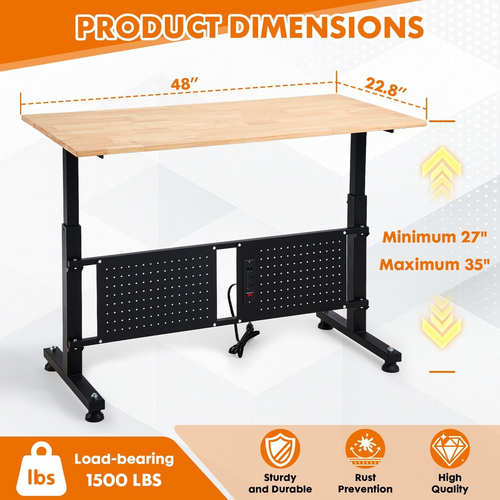 48" Adjustable Height Workbench with Outlets & Pegboard | 2000LBS Capacity Craft